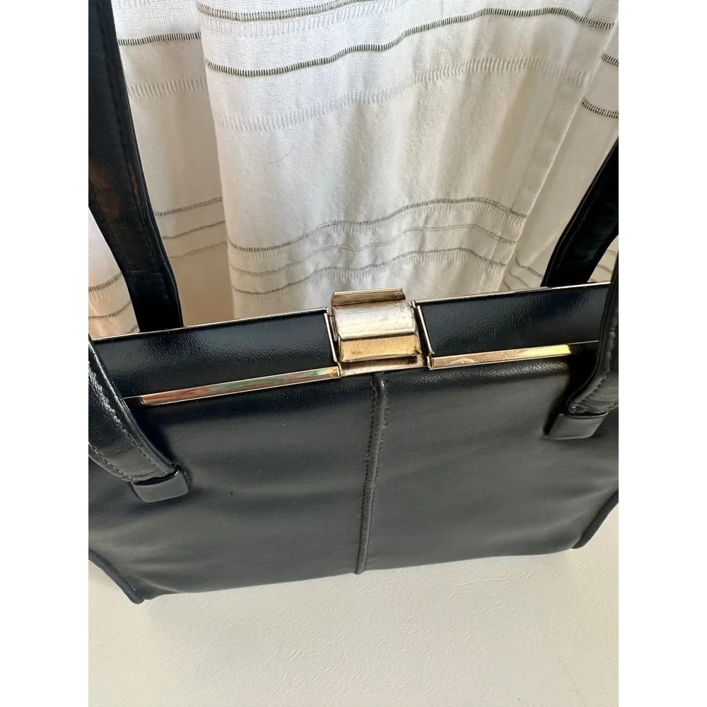 Vintage Black Faux Leather Frame Handbag Gold‎ Hardware Paisley Lining Satchel